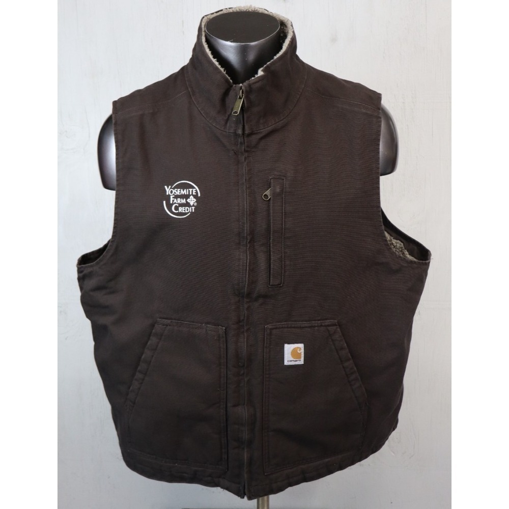 Carhartt‎ Vest Mens 2XL XXL Brown Canvas Sherpa Lined Workwear Duck Full Zip